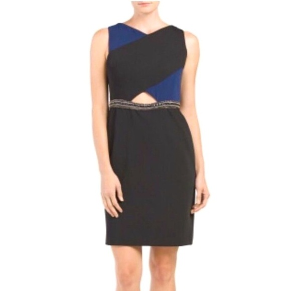 “PAMELLA ROLAND” Cut Out Jeweled ColorBlock Sheath Dress